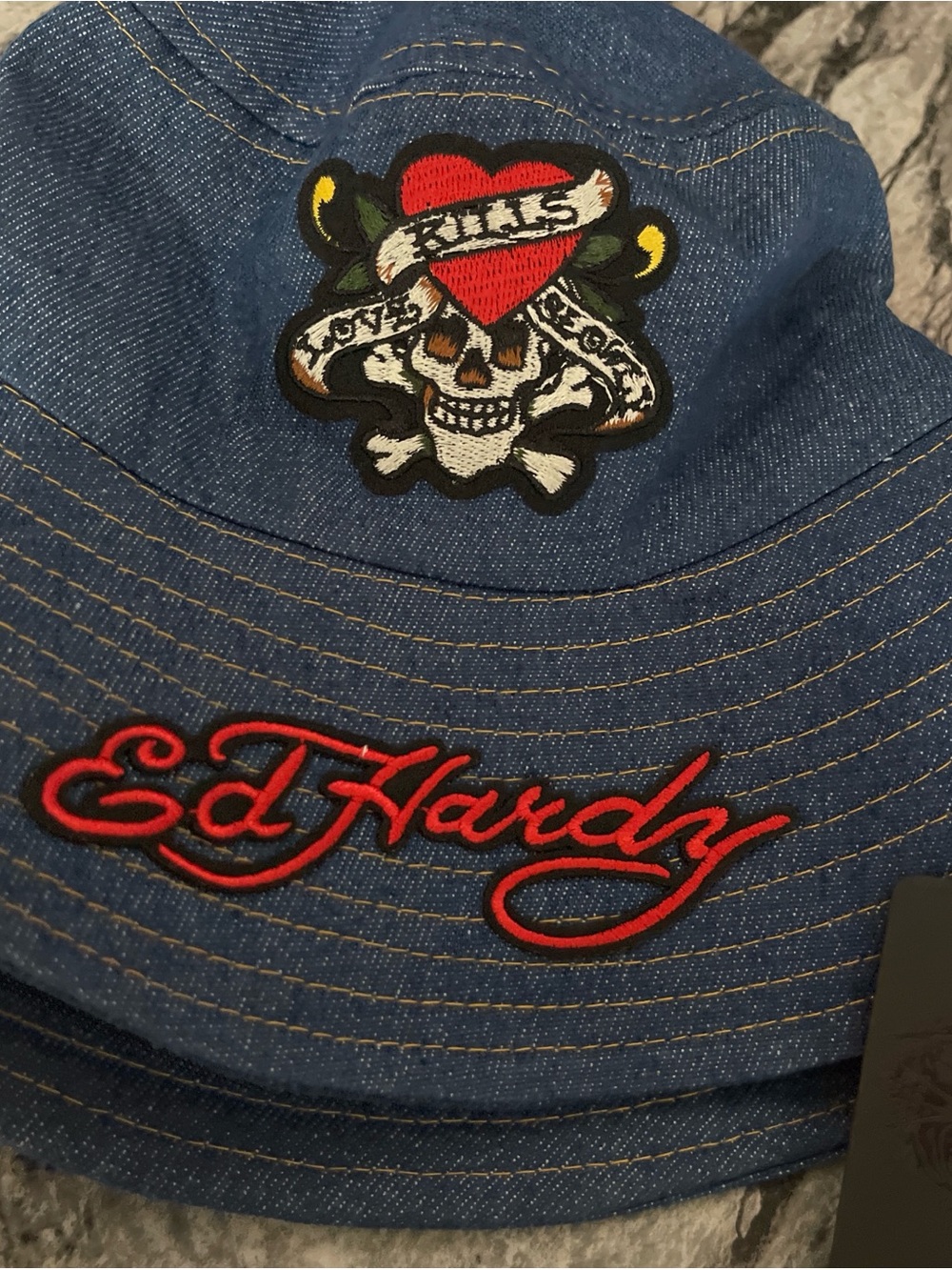 Ed Hardy Blue Denim Bucket Hat with Red Logo & Multi-Color Skull Patch